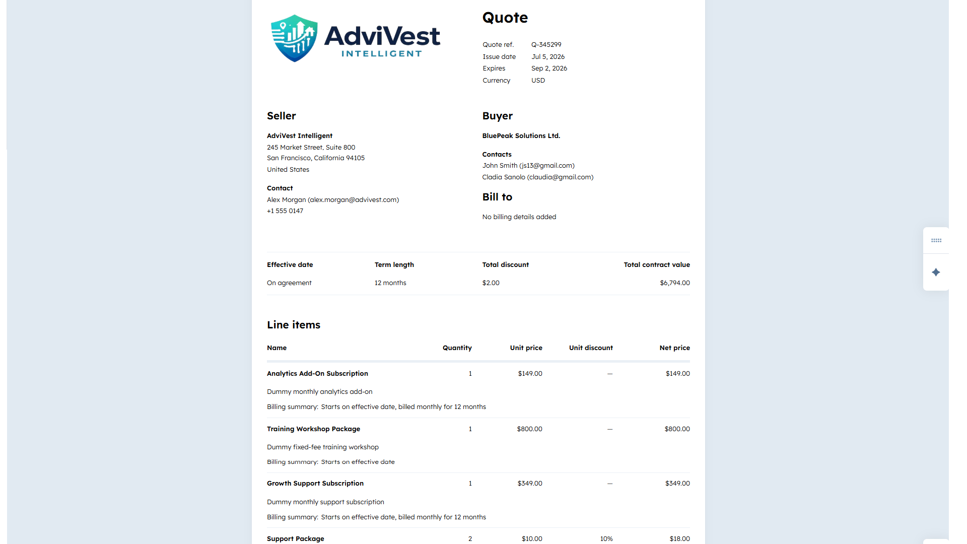 HubSpot Quote object — automatically associated with the Deal, Company, and Contacts