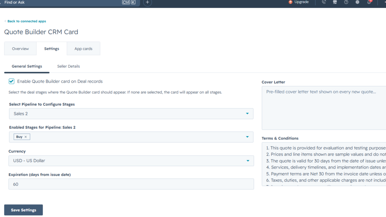 Admins set default sender company details, payment terms, and expiration windows once from the Settings page